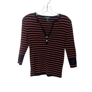 Ralph Lauren Blue and Orange Striped Ribbed V Neck 3/4 Sleeve Buttons SZ-M